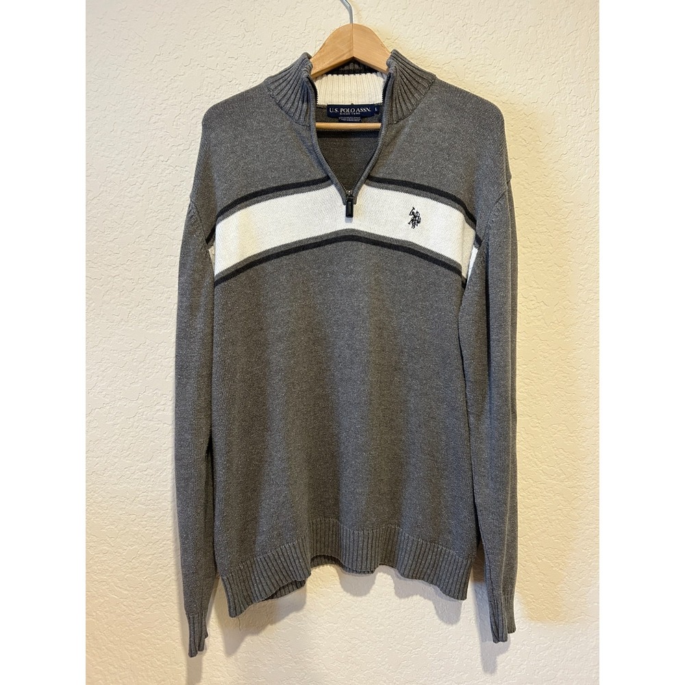 Vintage US Polo Assn. Men's Sweater Size L Preppy Academic Gray Striped 90s Y2K